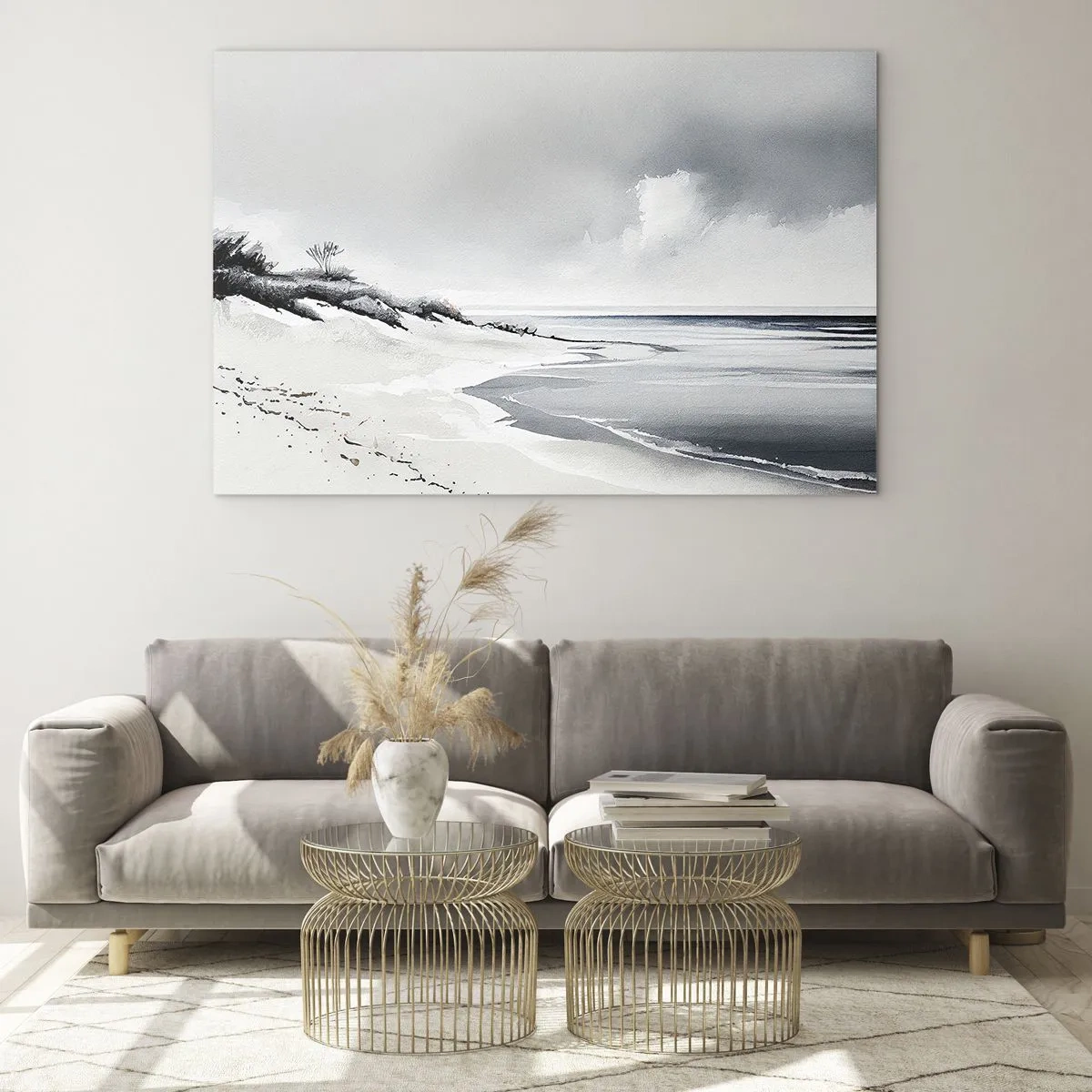 Obraz na skle - Čiernobiela pláž s horizontom a pokojným morom - 70x50cm - Vždy spolu - Moderná nástenná dekorácia do obývacej izby a spálne ARTTOR
