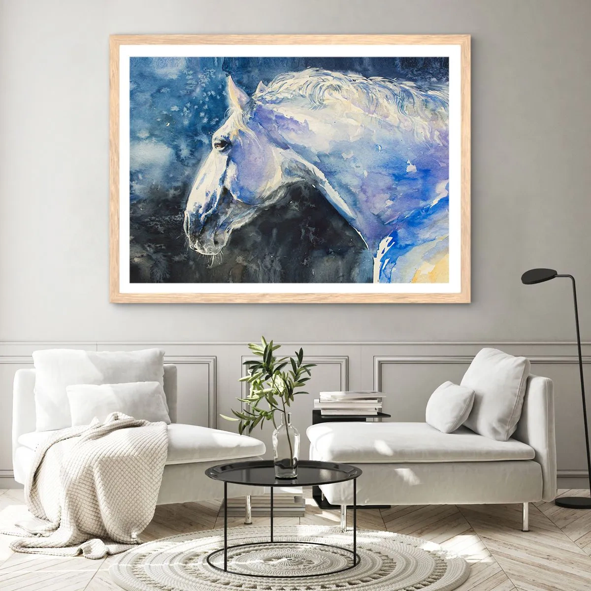 Plagát v ráme zo svetlého duba - Portrét v modrej žiare - 70x50 cm