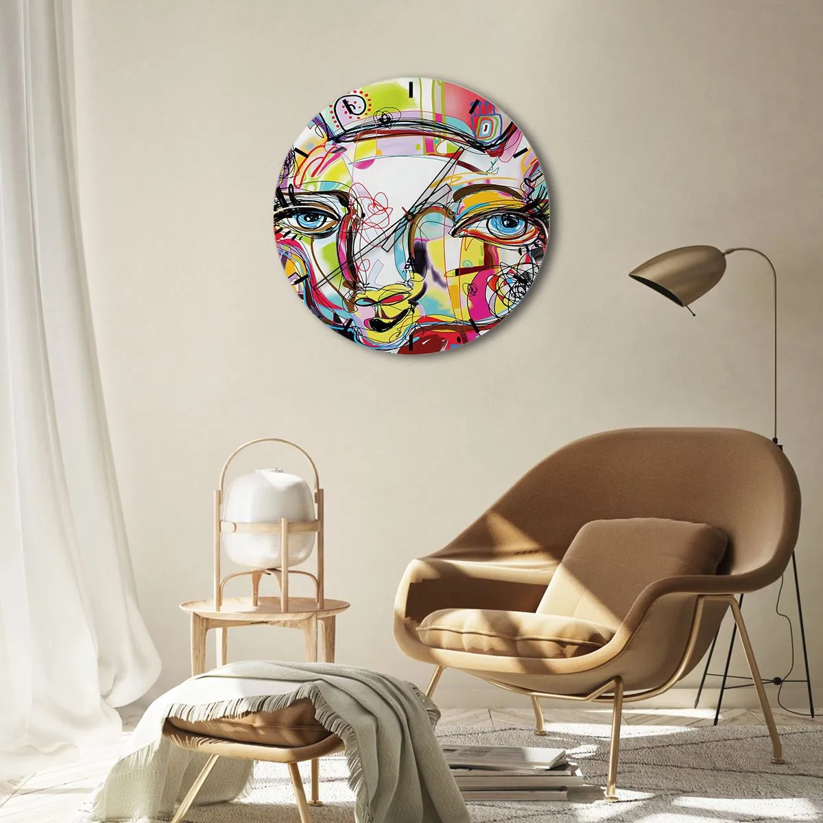 Nástenné hodiny - Farebný abstraktný portrét s výraznými očami - 30x30cm - Bohatstvo mačacej krásy - Moderná nástenná dekorácia do obývacej izby, kuchyne a spálne ARTTOR