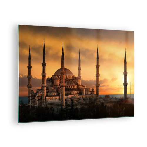 Obraz na skle - Modrá mešita na pozadí západu slnka - 70x50cm - Boh je veľký - Moderná nástenná dekorácia do obývacej izby a spálne ARTTOR