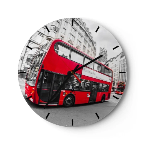 Nástenné hodiny - Červený autobus v Londýne s historickými budovami v pozadí - 30x30cm - Londýn tradične - by bus - Moderná nástenná dekorácia do obývacej izby, kuchyne a spálne ARTTOR