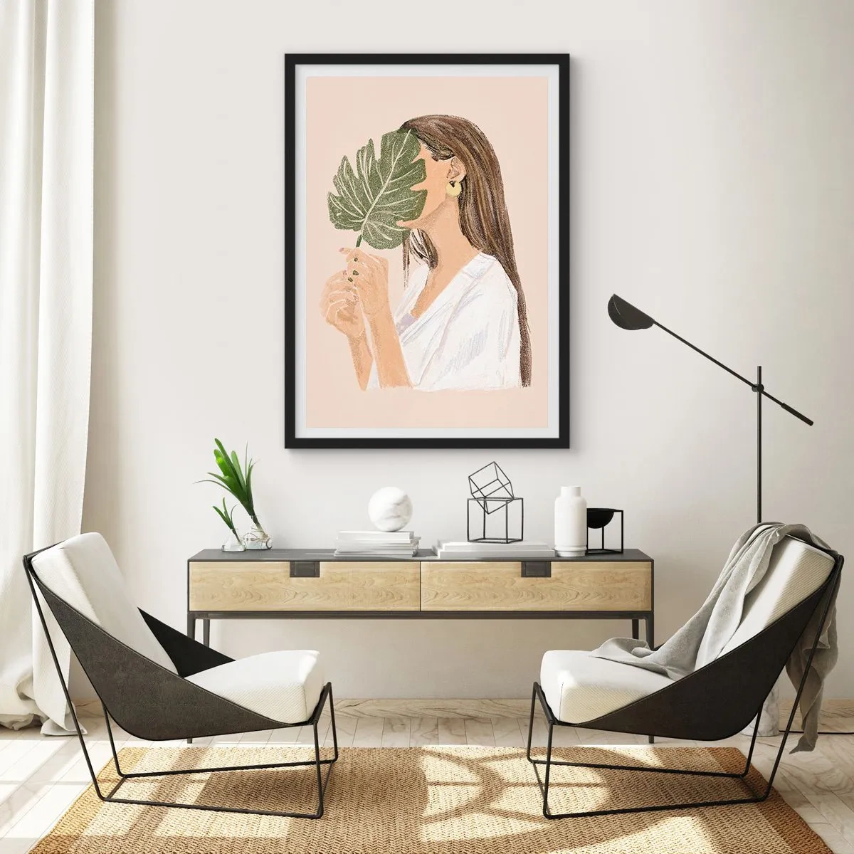 Plagát v čiernom ráme - Tajomný portrét s vejárom - 61x91 cm