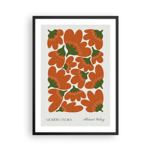 Plagát v čiernom ráme - Abstraktné oranžové kvety na svetlom pozadí - 50x70cm - Zo života kvetov - Moderná nástenná dekorácia do obývacej izby a spálne ARTTOR
