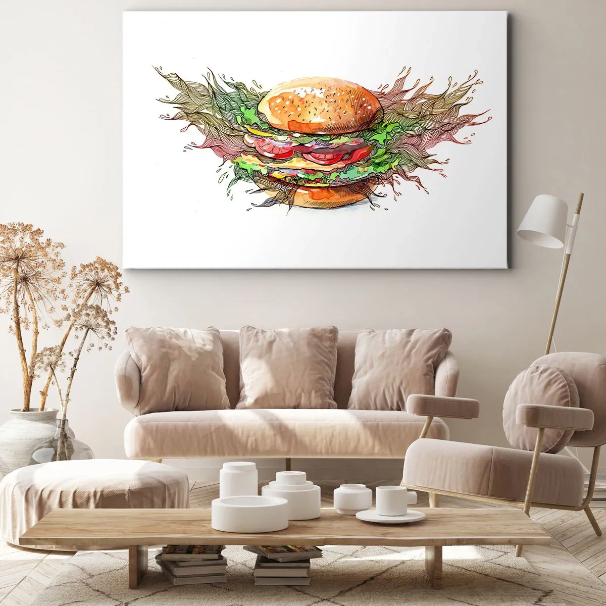 Obraz na plátne - Umelecká ilustrácia burgeru s dynamickými prvkami - 70x50cm - Horúce pokušenie - Moderná nástenná dekorácia do obývacej izby a spálne ARTTOR