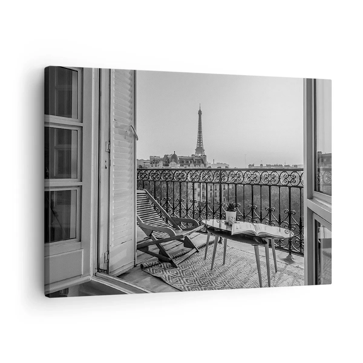 Obraz na plátne - Výhľad na Eiffelovu vežu z balkóna s ležadlami a stolom - 70x50cm - Parížske popoludnie - Moderná nástenná dekorácia do obývacej izby a spálne ARTTOR
