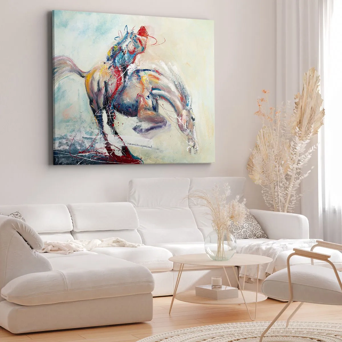 Obraz na plátne - Dynamický obraz koňa v abstraktnom umeleckom štýle. - 70x50cm - Drž sa, letíme - Moderná nástenná dekorácia do obývacej izby a spálne ARTTOR