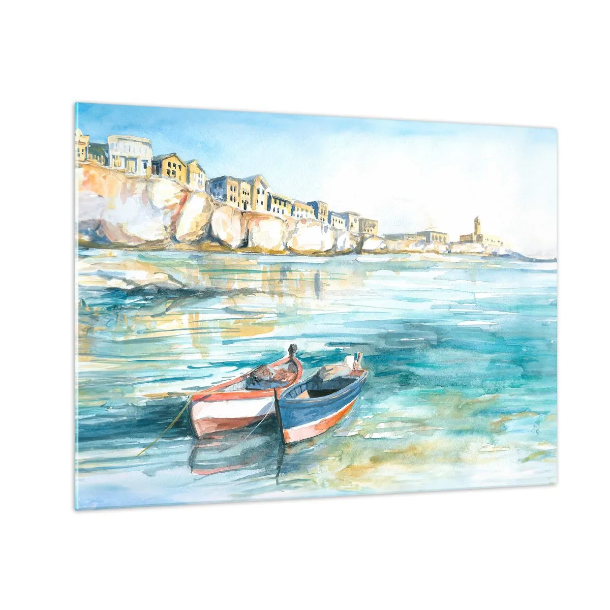 Obraz na skle - Akvamarínový záliv s loďami a budovami na útese - 70x50cm - Krajina v modrej - Moderná nástenná dekorácia do obývacej izby a spálne ARTTOR