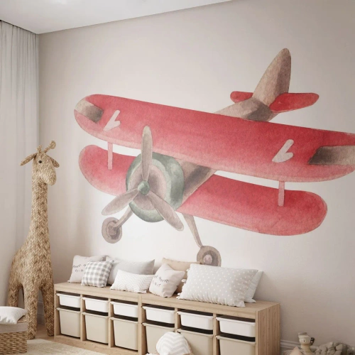 Fototapeta Standard Eco - Červený retro dvojplošník na bielom pozadí - 100x70cm - Pripravený na vysoký let - Moderná nástenná dekorácia do obývacej izby a spálne ARTTOR