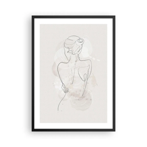 Plagát v čiernom ráme - Jemná ženská silueta v súvislej línii - 50x70cm - Ako citlivý nástroj - Moderná nástenná dekorácia do obývacej izby a spálne ARTTOR