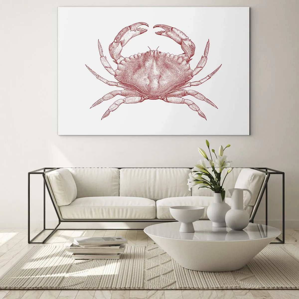 Obraz na skle - Náčrt červeného kraba na svetlom pozadí v retro štýle - 70x50cm - Krab nad kraby - Moderná nástenná dekorácia do obývacej izby a spálne ARTTOR