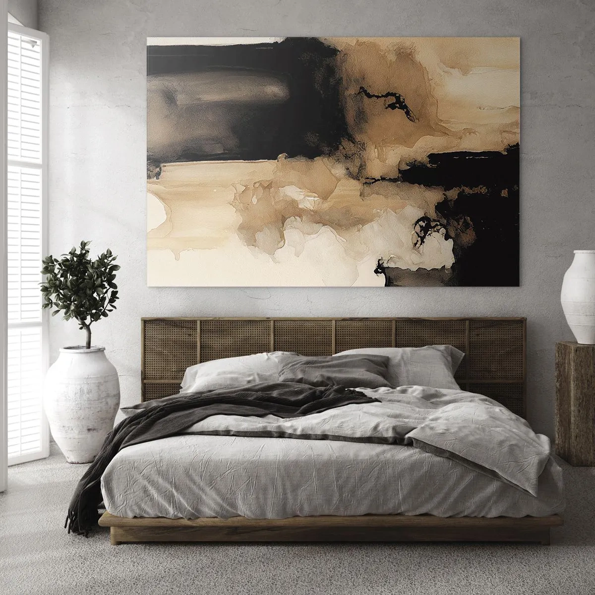 Obraz na skle - Abstraktný tvar v čiernej a hnedej farbe na svetlom pozadí - 70x50cm - Pútavá abstrakcia - Moderná nástenná dekorácia do obývacej izby a spálne ARTTOR