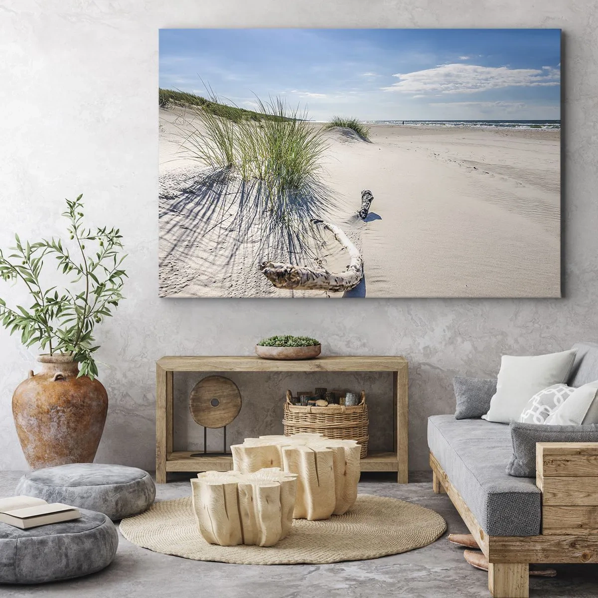 Obraz na plátne - Baltská pláž s pieskom, trávou a pokojnou modrou oblohou - 70x50cm - Najkrajšia? Baltská - Moderná nástenná dekorácia do obývacej izby a spálne ARTTOR
