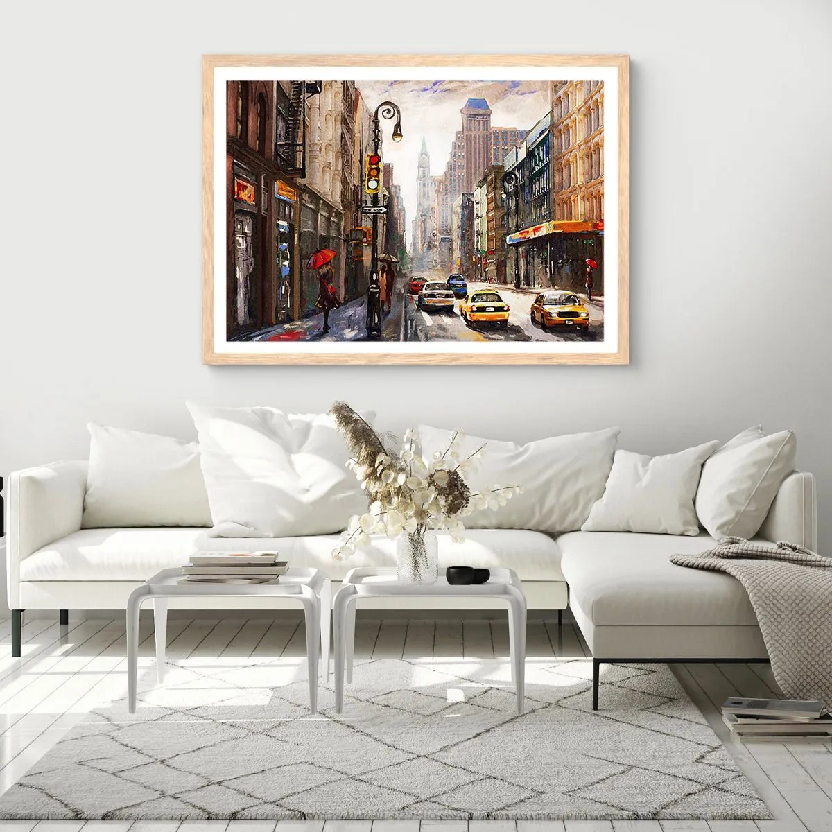 Plagát v ráme zo svetlého duba - New York – farebný aj v daždi - 100x70 cm