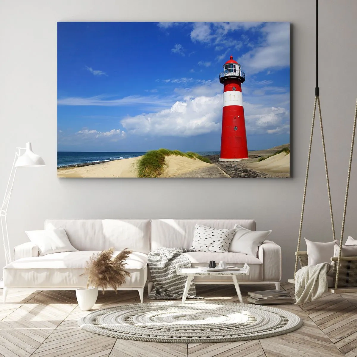 Obraz na plátne - Červený maják na pláži pod modrou oblohou - 70x50cm - Vysnená samota - Moderná nástenná dekorácia do obývacej izby a spálne ARTTOR