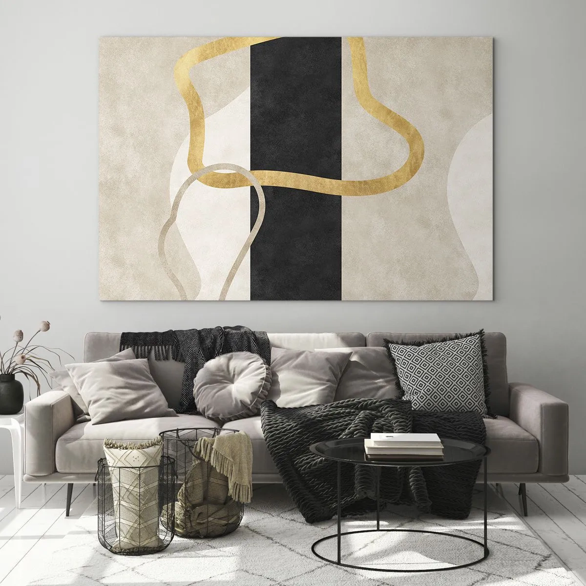 Obraz na skle - Zlaté a béžové čiary tvoriace slučkové tvary na čiernom pruhovanom pozadí. - 70x50cm - Tvary v slučke - Moderná nástenná dekorácia do obývacej izby a spálne ARTTOR