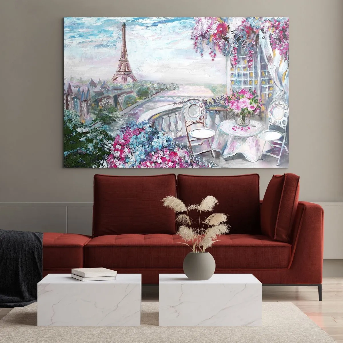 Obraz na skle - Ilustrácia pohľadu na Eiffelovu vežu s balkónom plným kvetov - 70x50cm - Najkrajšie je tu v máji - Moderná nástenná dekorácia do obývacej izby a spálne ARTTOR