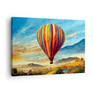 Obraz na plátne - Farebný balón nad malebnou krajinou - 70x50cm - V tichu je toho vidieť viac - Moderná nástenná dekorácia do obývacej izby a spálne ARTTOR
