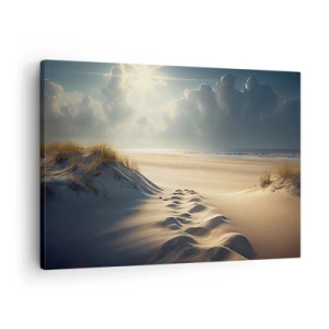 Obraz na plátne - Zlaté duny na pláži pri západe slnka s výhľadom na more - 70x50cm - Upokojujúca krajina - Moderná nástenná dekorácia do obývacej izby a spálne ARTTOR