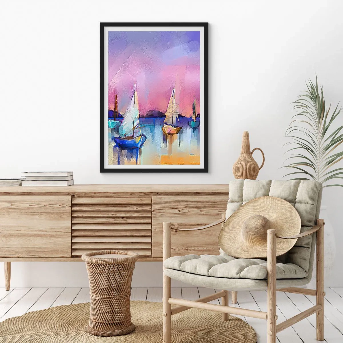 Plagát v čiernom ráme - Abstraktné plachetnice na farebnom pozadí - 50x70cm - Smer: široká voda - Moderná nástenná dekorácia do obývacej izby a spálne ARTTOR