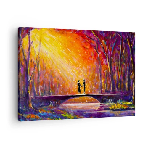 Obraz na plátne - Romantický pár na moste v jesennom lese - 70x50cm - Nebo ich tiež miluje - Moderná nástenná dekorácia do obývacej izby a spálne ARTTOR