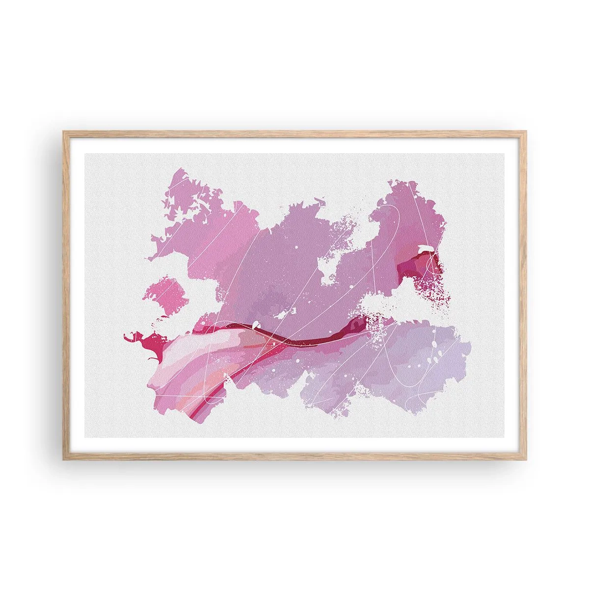 Plagát v ráme zo svetlého duba - Mapa ružového sveta - 100x70 cm