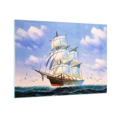 Obraz na skle - Plachetnica na otvorenom mori pod modrou oblohou - 70x50cm - Hrdo s vetrom - Moderná nástenná dekorácia do obývacej izby a spálne ARTTOR