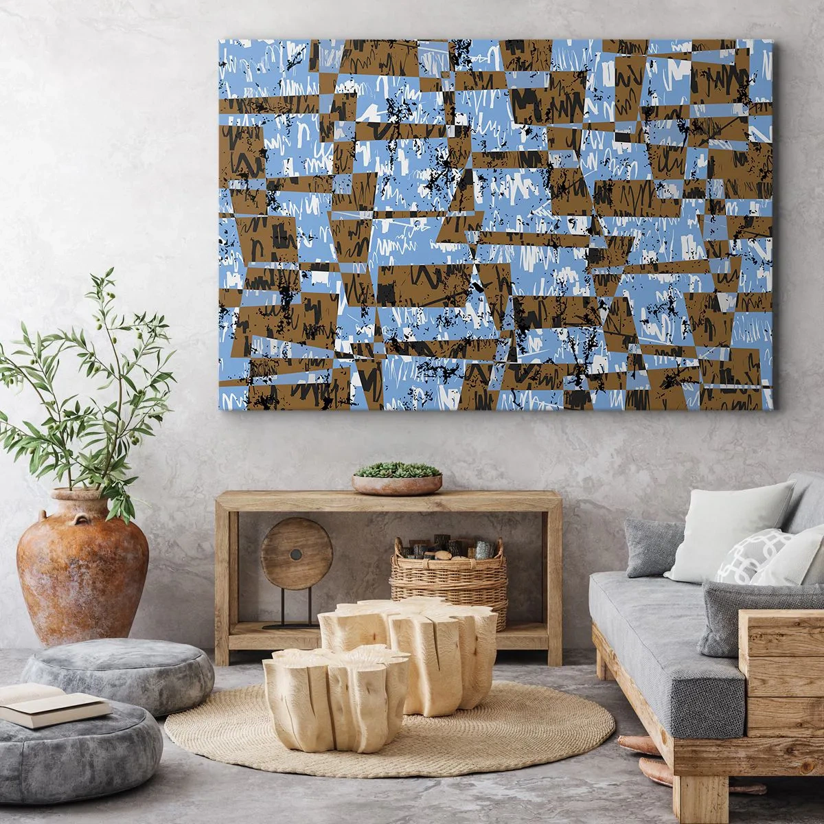 Obraz na plátne - Abstraktná kompozícia obdĺžnikov v odtieňoch hnedej a modrej. - 70x50cm - Neľudová vystrihovačka - Moderná nástenná dekorácia do obývacej izby a spálne ARTTOR