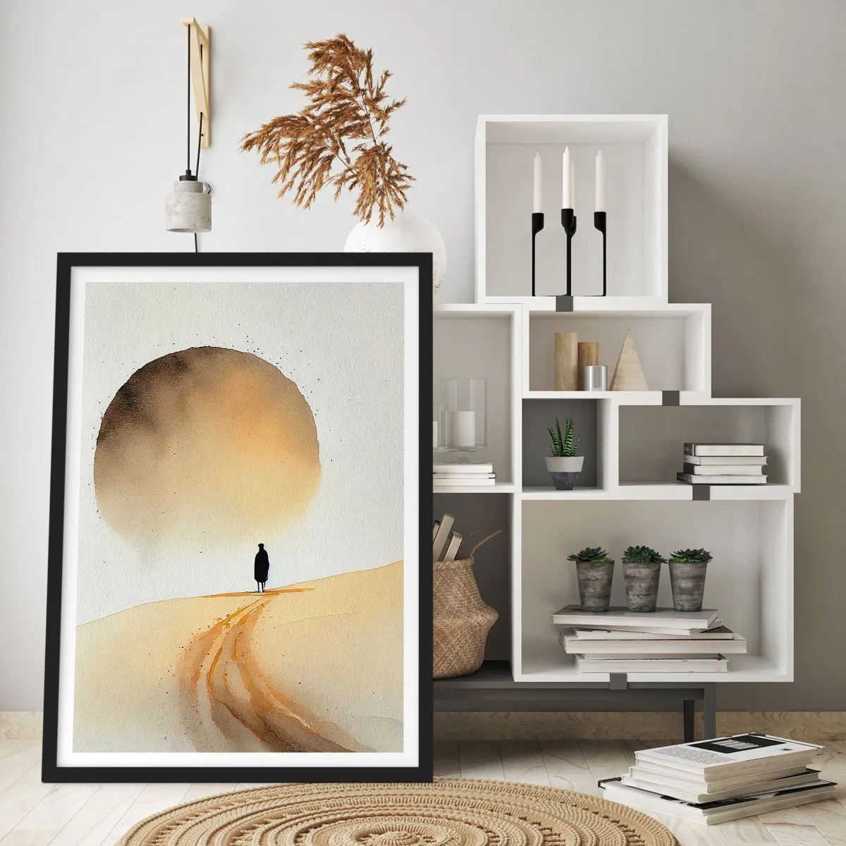 Plagát v čiernom ráme - Silueta cestujúceho na púštnej ceste - 50x70cm - Vždy túžba - Moderná nástenná dekorácia do obývacej izby a spálne ARTTOR