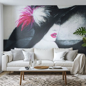 Fototapeta Premium Sand - Vždy tajomstvo - Žena V Klobúku, Ženská tvár, červené pery - 100x70 cm