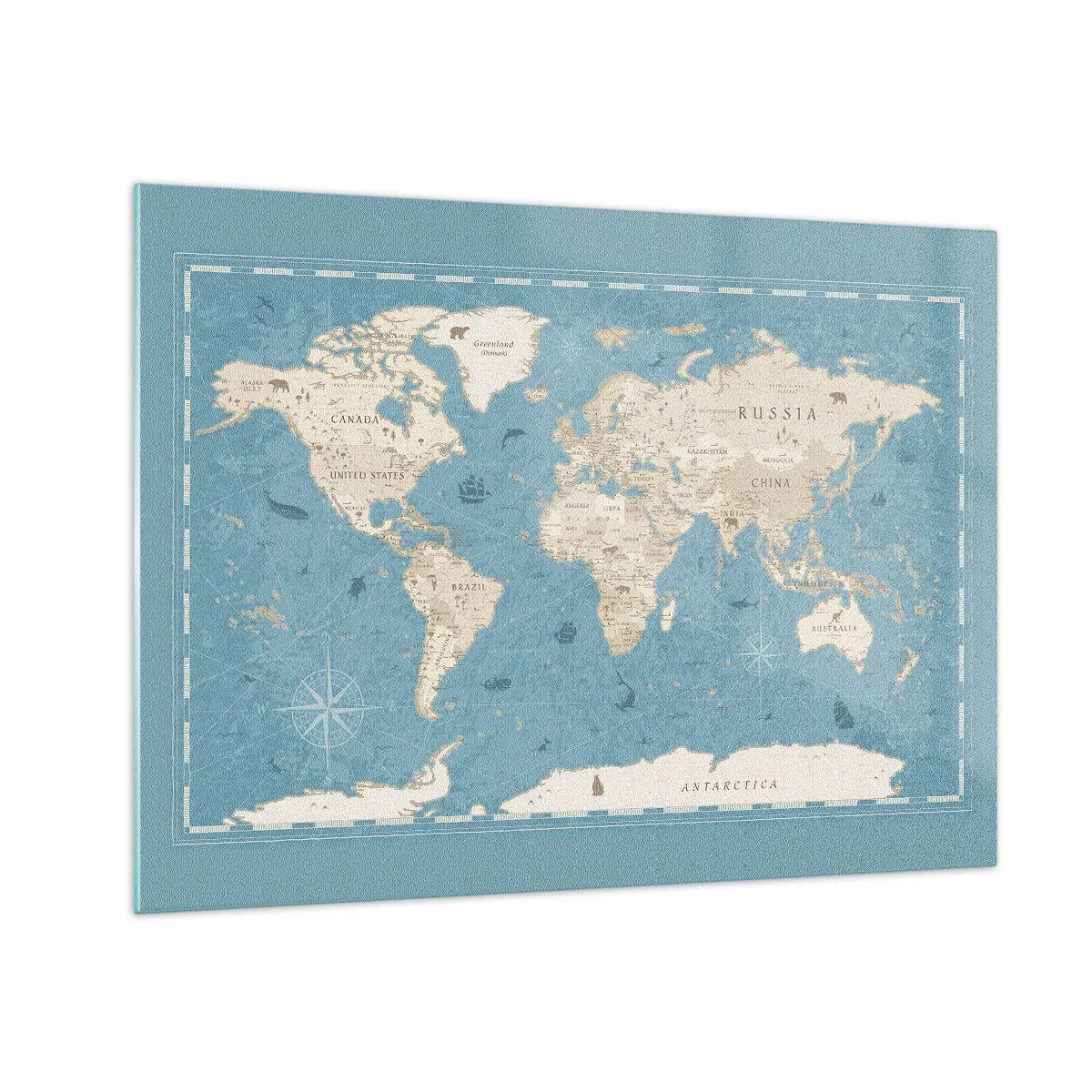 Obraz na skle - Štylizovaná mapa sveta na modrom pozadí - 70x50cm - Svet na dosah ruky - Moderná nástenná dekorácia do obývacej izby a spálne ARTTOR