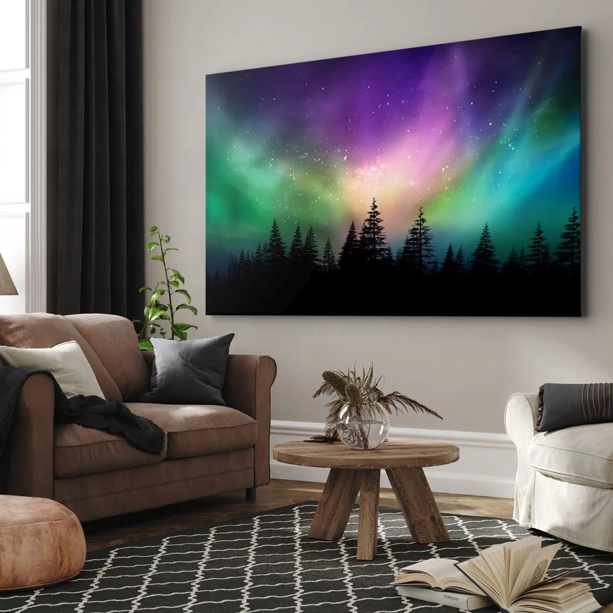 Obraz na plátne - Polárna žiara nad lesom s hviezdnou oblohou - 70x50cm - Biela mágia - Moderná nástenná dekorácia do obývacej izby a spálne ARTTOR