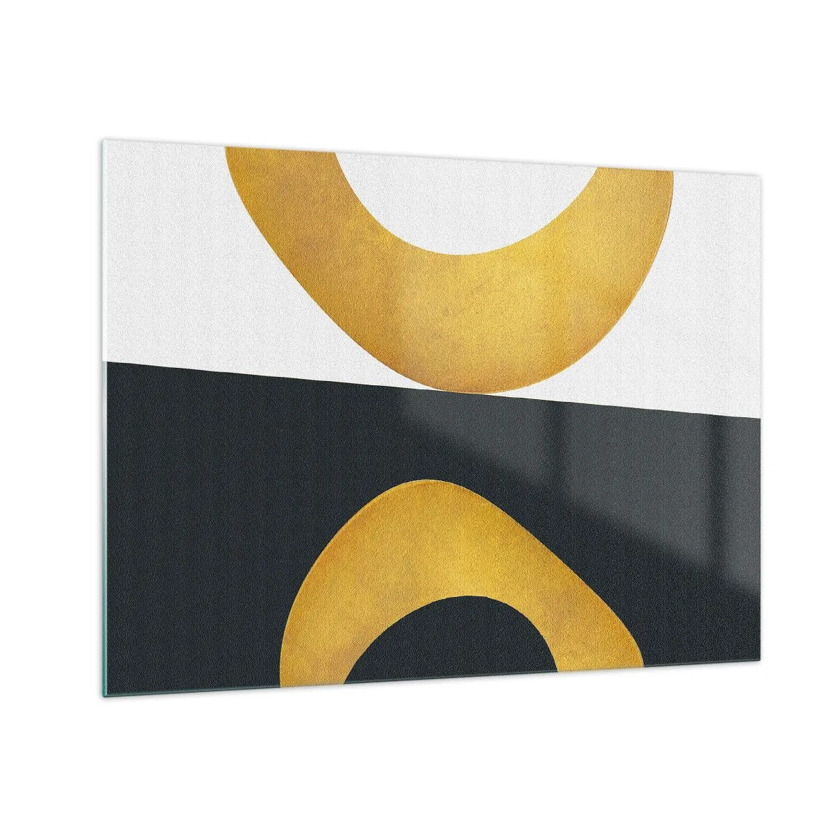 Obraz na skle - Zlaté geometrické tvary na bielom a čiernom pozadí - 70x50cm - Po prvé: zlato - Moderná nástenná dekorácia do obývacej izby a spálne ARTTOR