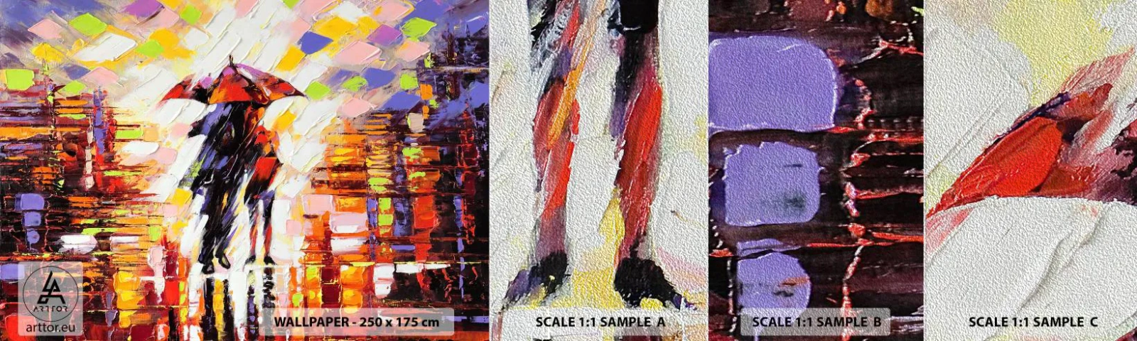 Vzorka fototapety Premium Sand - Spoločne cez noc a dážď - Abstrakcia, Zamilovaný pár, Prechádzka v daždi - 100x30 cm