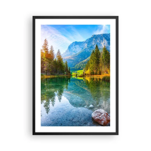Plagát v čiernom ráme - Jazero v horách obklopené stromami a odrazom hôr vo vode - 50x70cm - Nežnosť jesene - Moderná nástenná dekorácia do obývacej izby a spálne ARTTOR