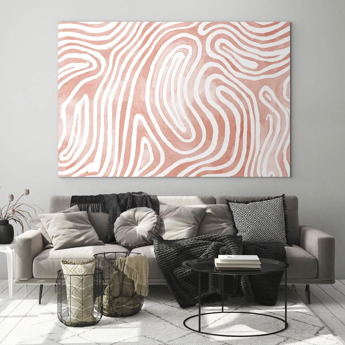 Obraz na skle - Abstraktný vzor v bielych a koralových odtieňoch - 70x50cm - V koralovom labyrinte - Moderná nástenná dekorácia do obývacej izby a spálne ARTTOR
