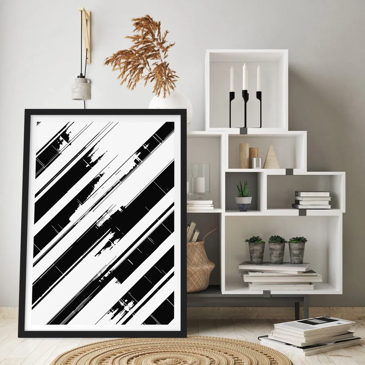 Plagát v čiernom ráme - Minimalistická čiernobiela abstrakcia s geometrickými líniami - 50x70cm - Intenzívna a dynamická kompozícia - Moderná nástenná dekorácia do obývacej izby a spálne ARTTOR