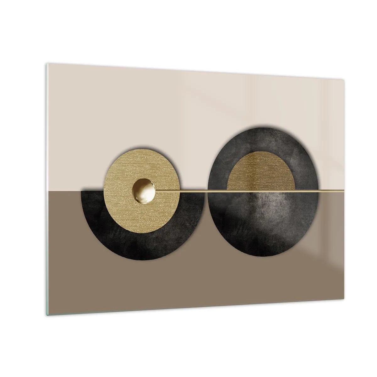 Obraz na skle - Geometrické kruhy v zlatej a čiernej farbe na béžovom pozadí - 70x50cm - Variácie okolo kruhu - Moderná nástenná dekorácia do obývacej izby a spálne ARTTOR
