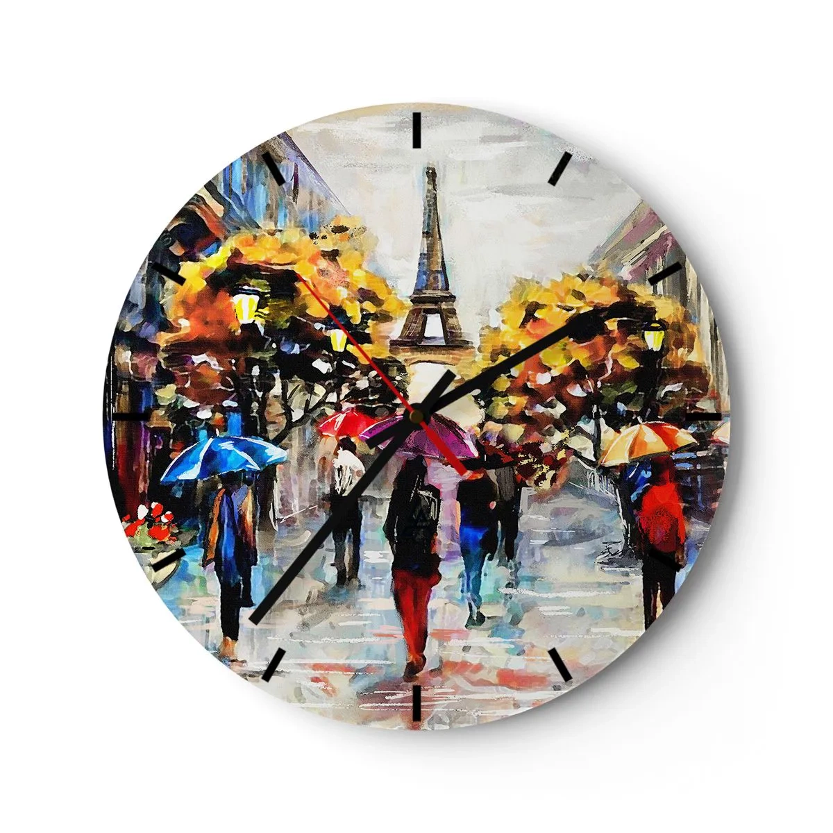Nástenné hodiny - Eiffelova veža s jesennými stromami a dáždnikmi na ulici - 30x30cm - Na jeseň obzvlášť krásny - Moderná nástenná dekorácia do obývacej izby, kuchyne a spálne ARTTOR