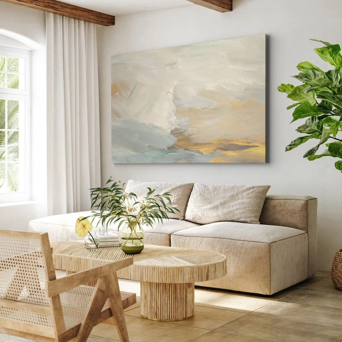 Obraz na plátne - Jemné abstraktné ťahy v odtieňoch bielej a zlatej - 70x50cm - Abstrakcia – krajina nehy - Moderná nástenná dekorácia do obývacej izby a spálne ARTTOR