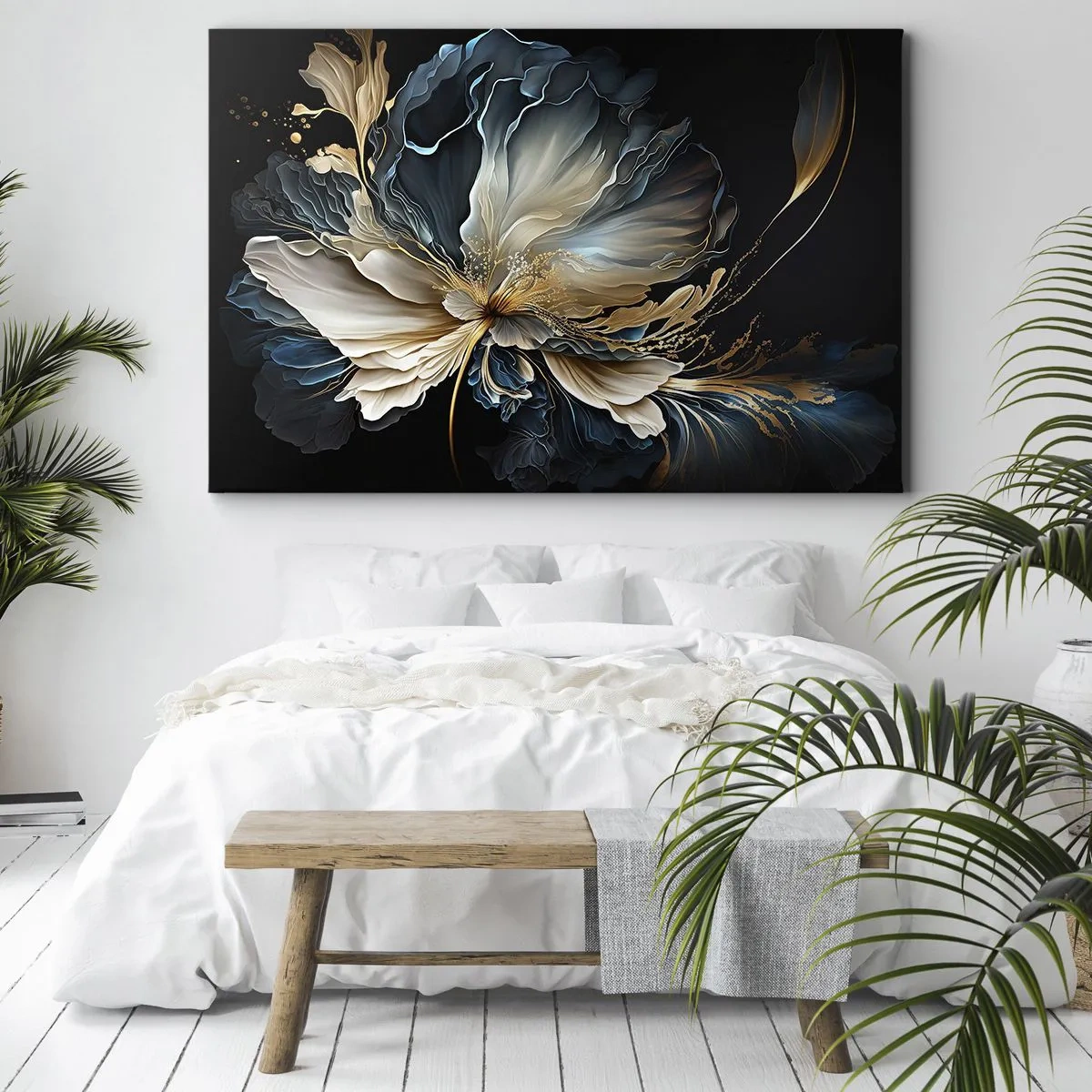 Obraz na plátne - Kvet v odtieňoch zlatej a tmavomodrej na čiernom pozadí - 70x50cm - Rozprávkový kvet papradia - Moderná nástenná dekorácia do obývacej izby a spálne ARTTOR
