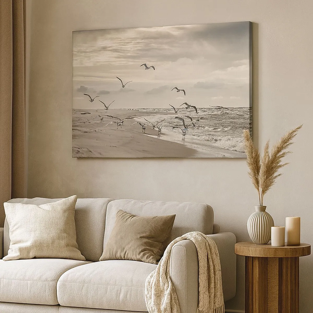 Obraz na plátne - Čajka letí nad prímorskou krajinou - 70x50cm - Šumenie mora, spev vtákov - Moderná nástenná dekorácia do obývacej izby a spálne ARTTOR