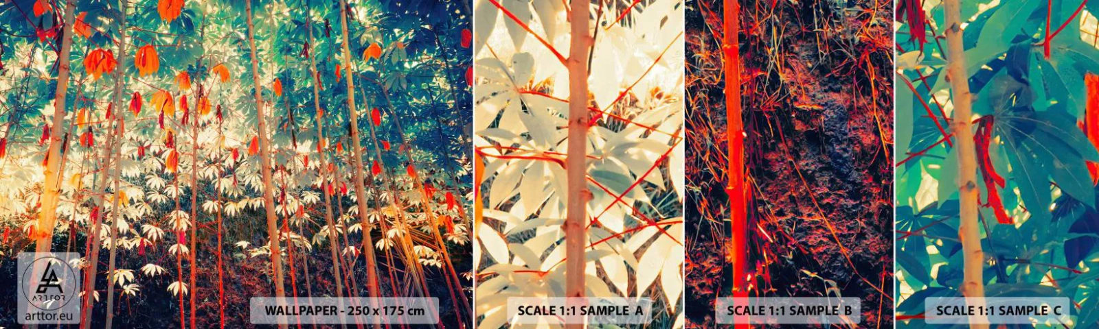 Vzorka samolepiacej fototapety Deluxe Sticker - Tajný život listov - Tropický les, Príroda, Stromy - 100x30 cm