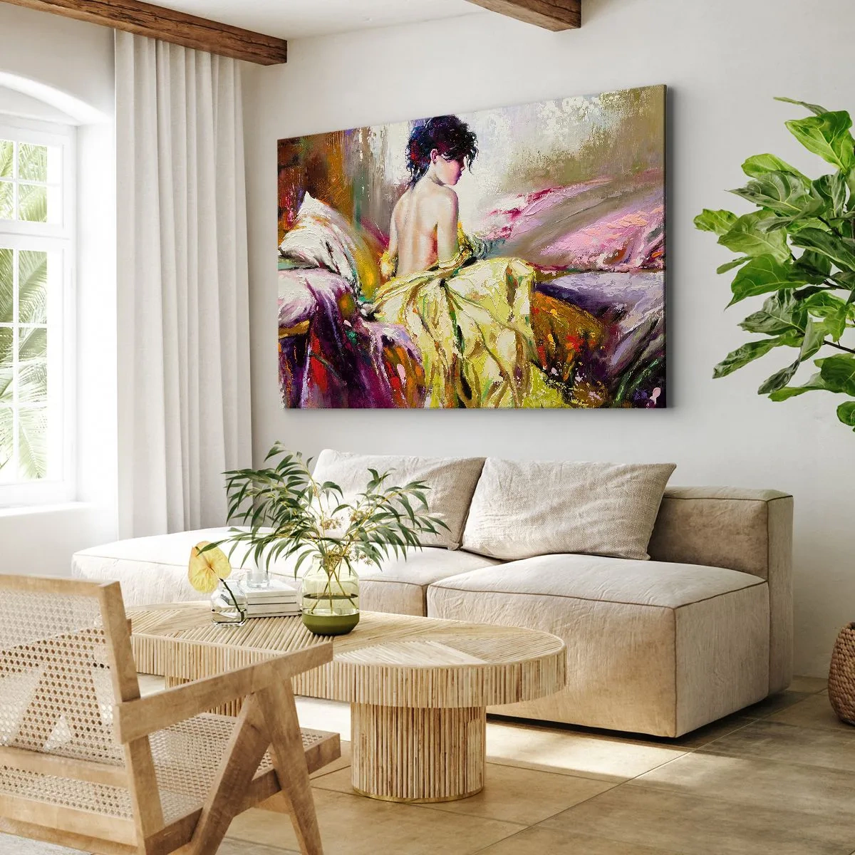 Obraz na plátne - Maliarsky výjav ženy na posteli v romantickej atmosfére - 70x50cm - Medzi ústami a okrajom pohára - Moderná nástenná dekorácia do obývacej izby a spálne ARTTOR