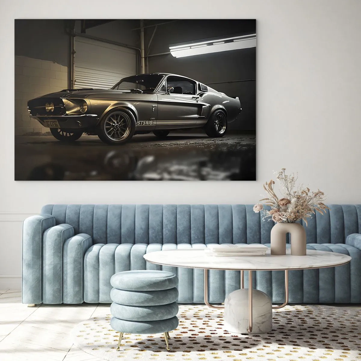 Obraz na skle - Klasické auto v garáži pod priemyselným osvetlením - 70x50cm - Návrat do minulosti - Moderná nástenná dekorácia do obývacej izby a spálne ARTTOR