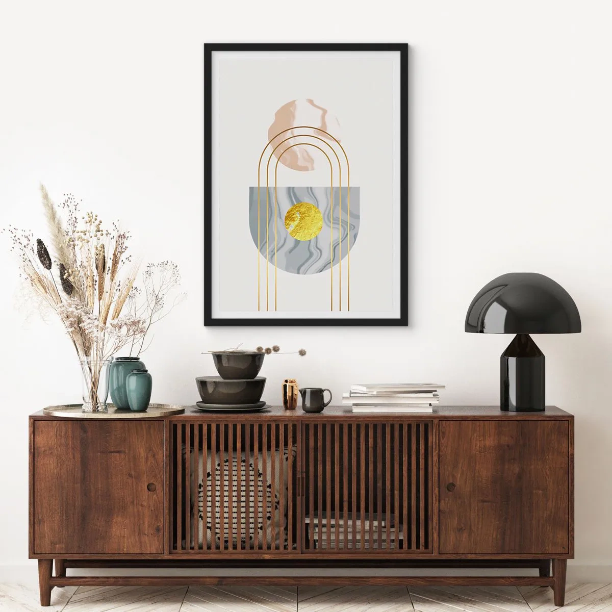 Plagát v čiernom ráme - Geometrické vzory so zlatými prvkami na svetlom pozadí - 50x70cm - Jas a žiarivosť - Moderná nástenná dekorácia do obývacej izby a spálne ARTTOR