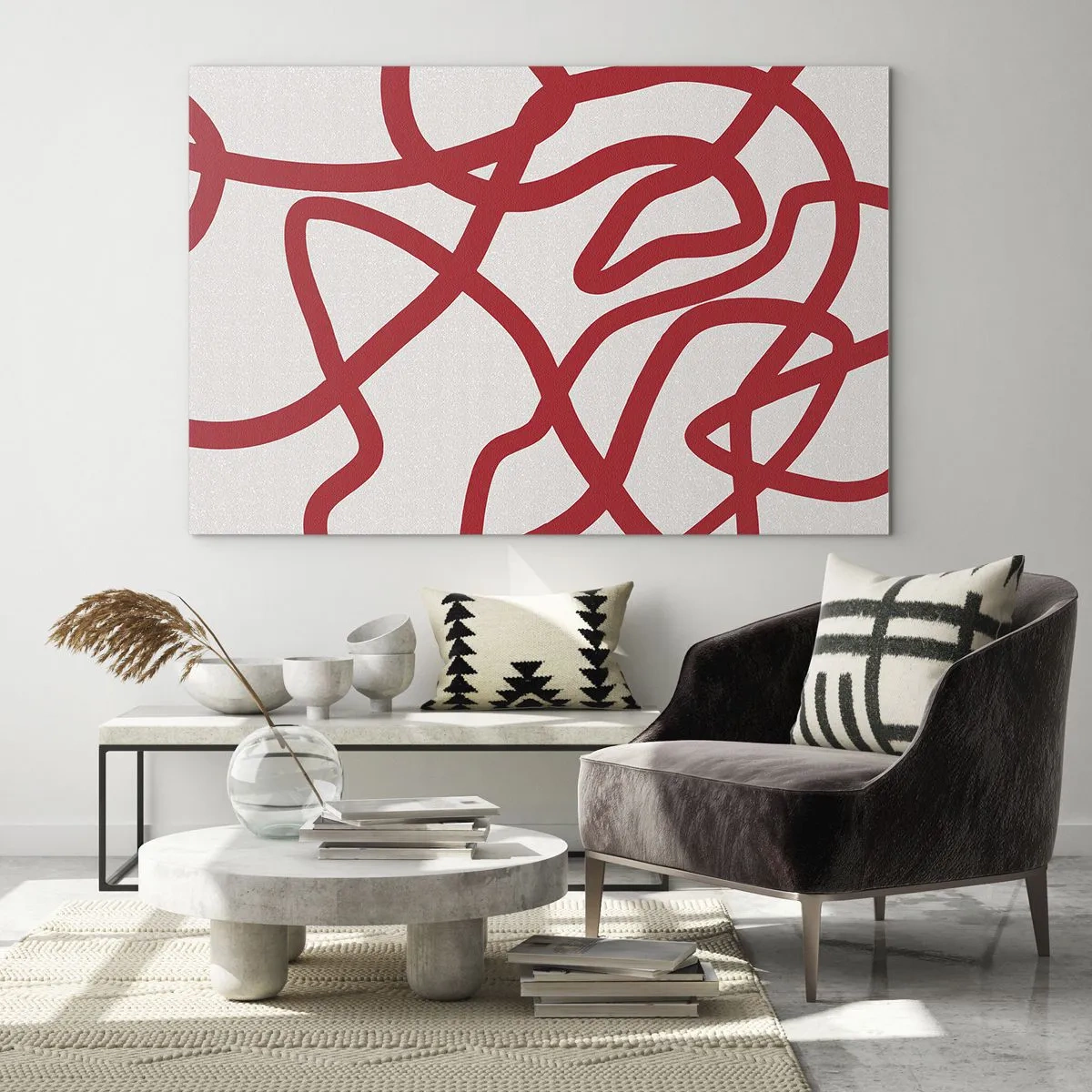Obraz na skle - Červené čiary dynamicky víriace na bielom pozadí - 70x50cm - Červené na bielom - Moderná nástenná dekorácia do obývacej izby a spálne ARTTOR