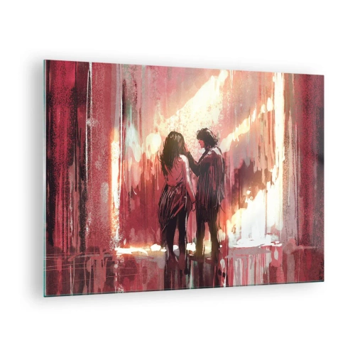 Obraz na skle - Pár v teplom svetle abstraktného prostredia - 70x50cm - Večný príbeh lásky - Moderná nástenná dekorácia do obývacej izby a spálne ARTTOR