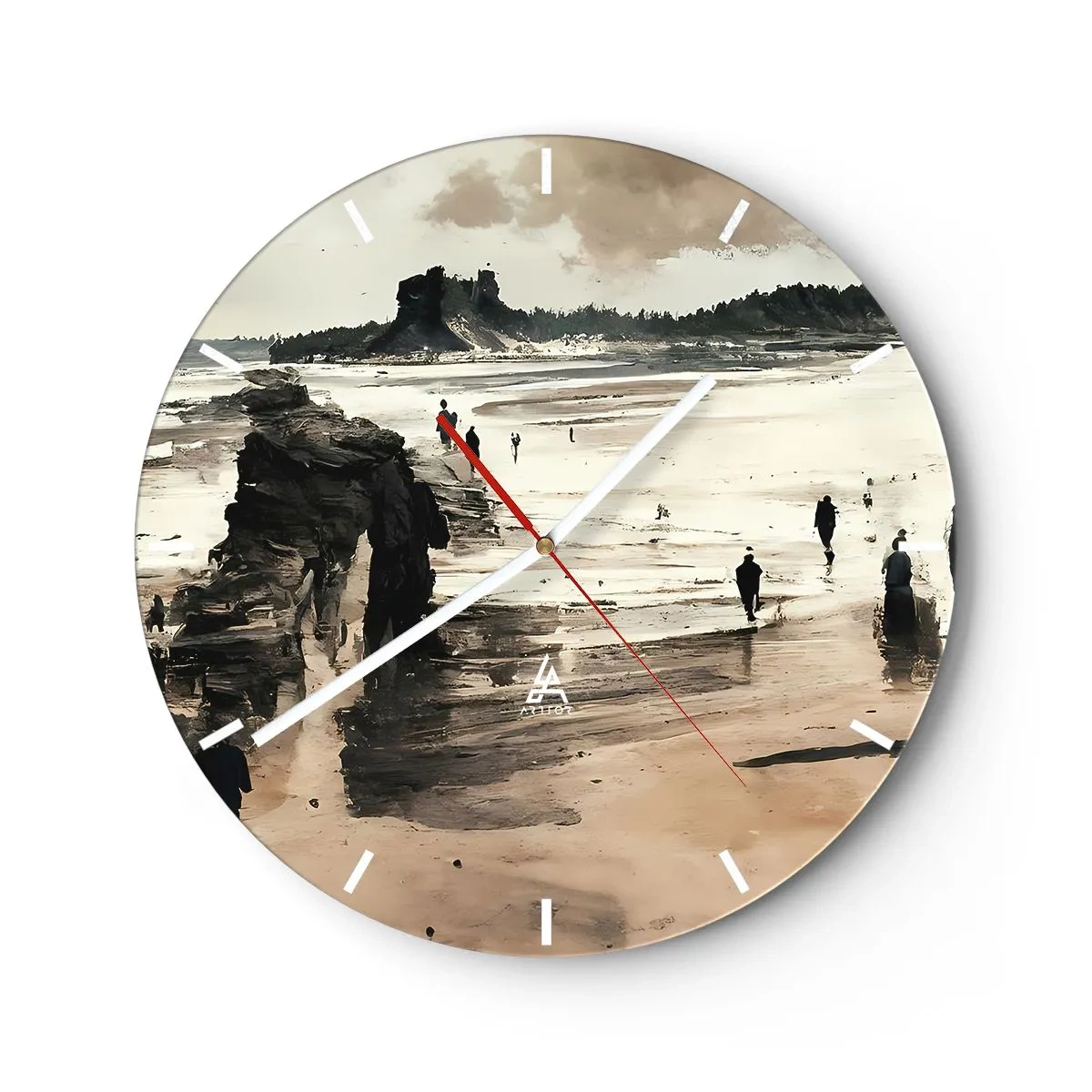 Nástenné hodiny - Postavy kráčajú po pláži s útesmi v pozadí - 30x30cm - Vyvolaní - Moderná nástenná dekorácia do obývacej izby, kuchyne a spálne ARTTOR