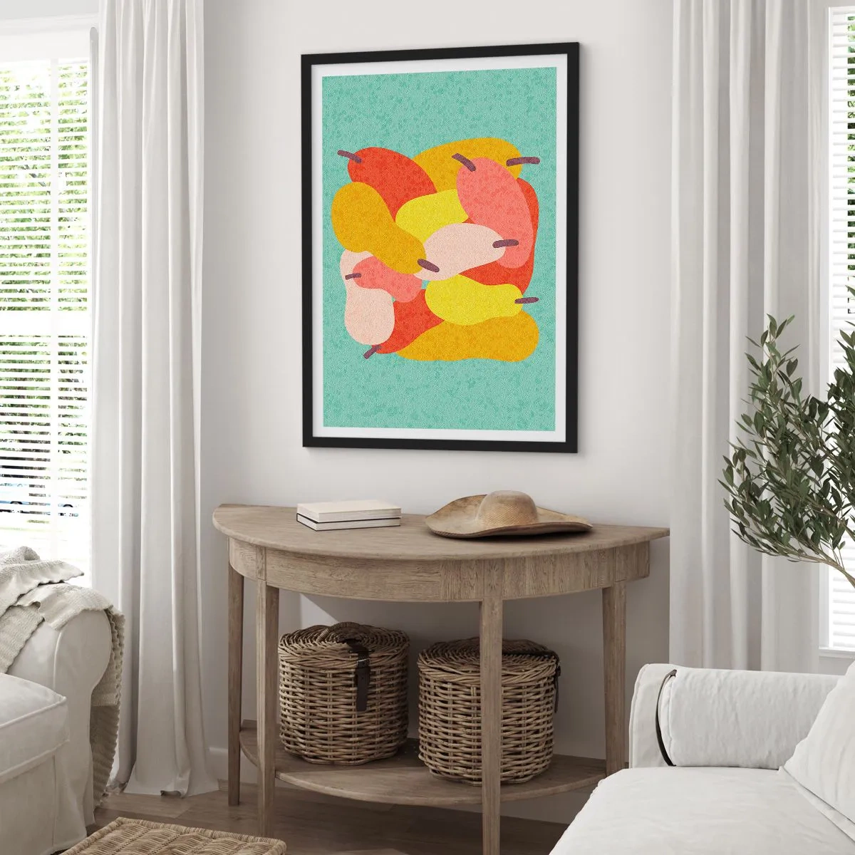 Plagát v čiernom ráme - Farebná ilustrácia hrušiek na tyrkysovom pozadí - 50x70cm - Ochutnajte letné slnko - Moderná nástenná dekorácia do obývacej izby a spálne ARTTOR