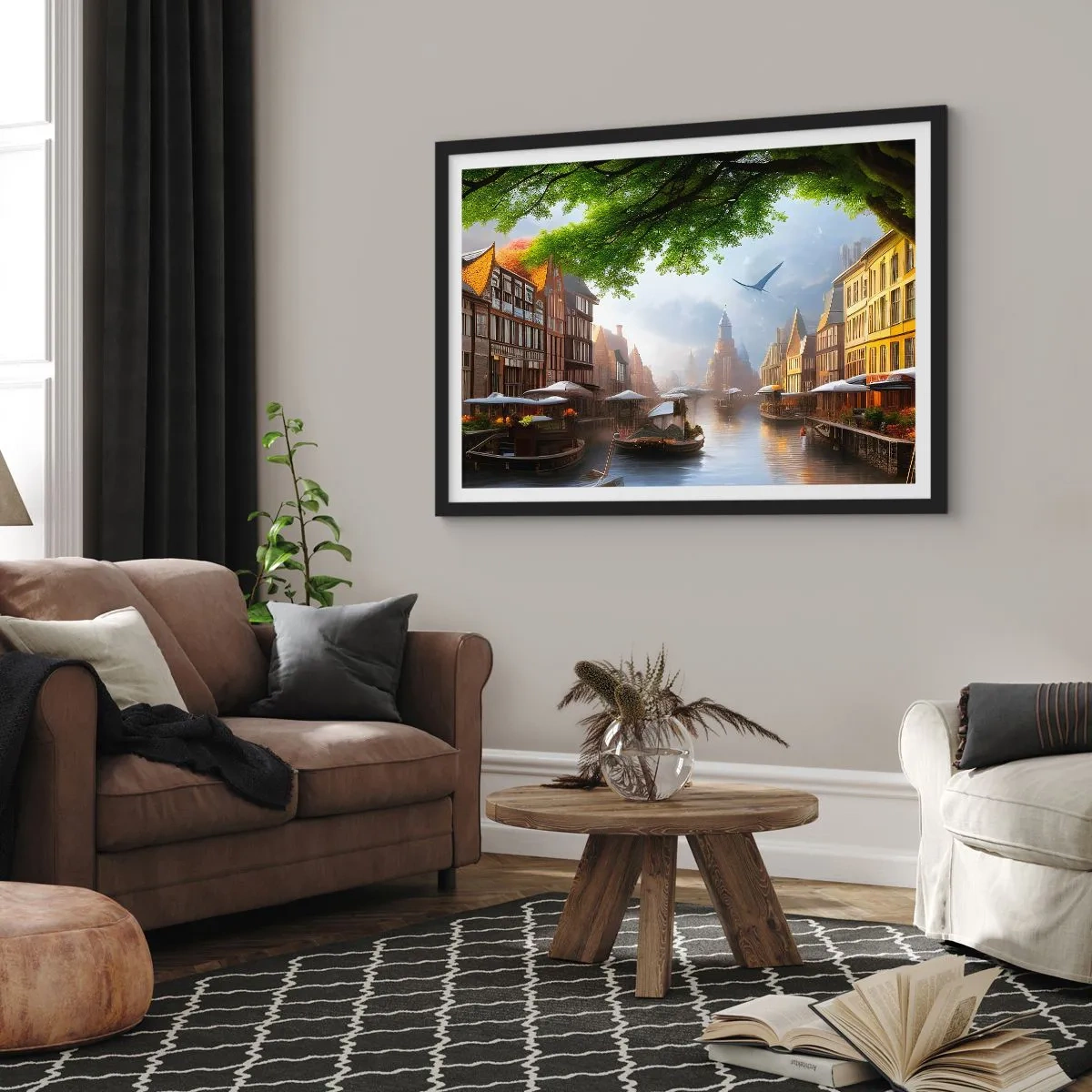 Plagát v čiernom ráme - Holandská mestská krajinka - 70x50 cm